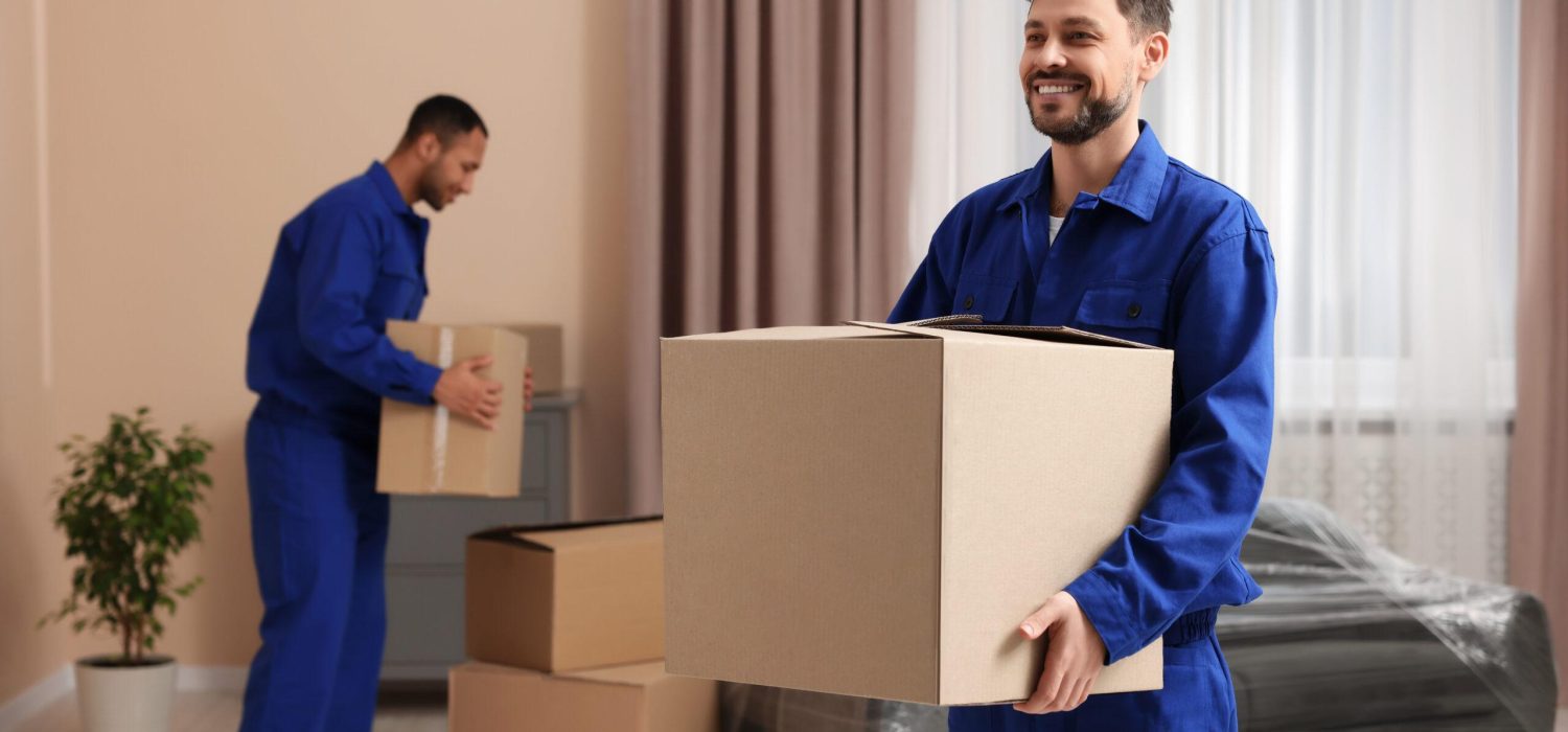 Male movers with cardboard boxes in new house