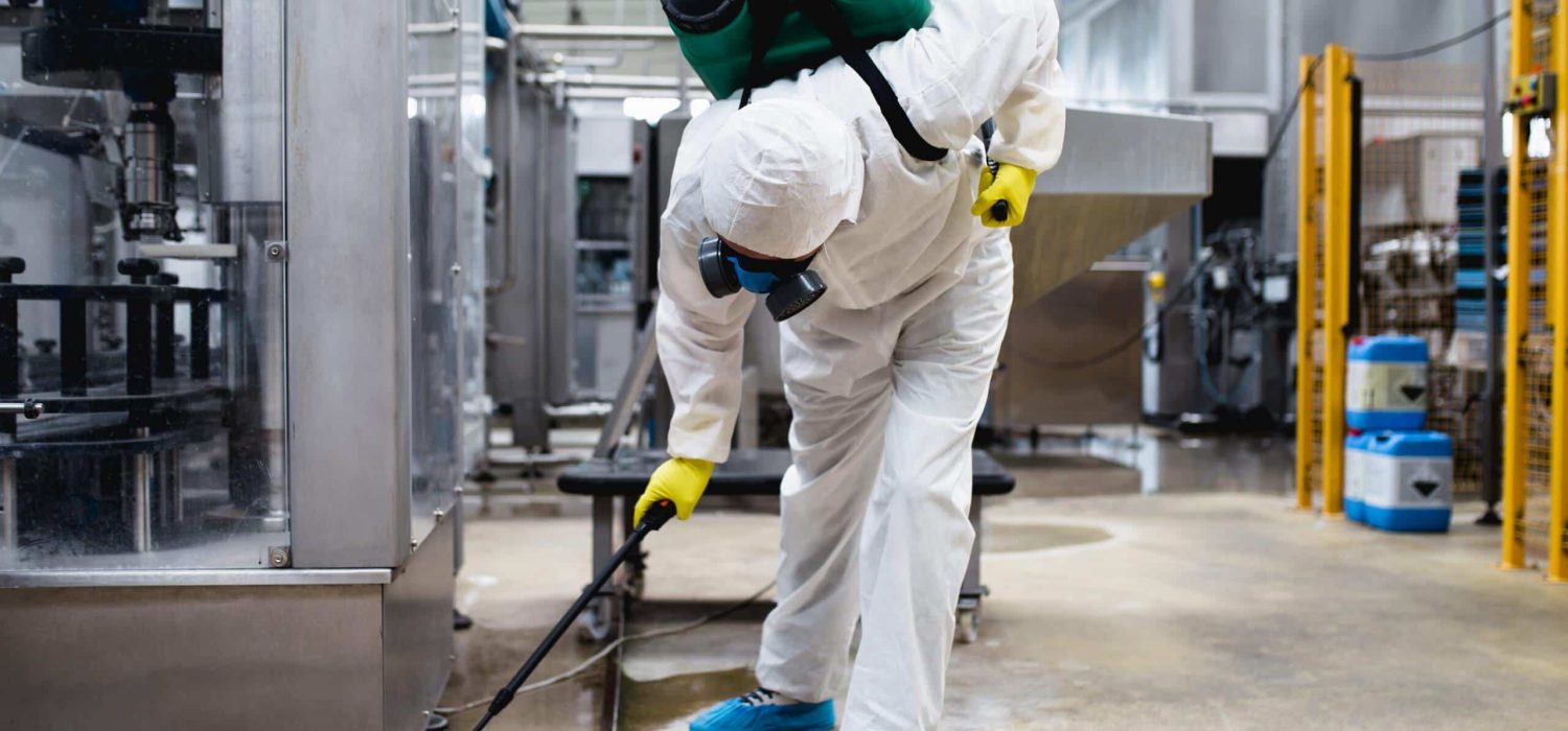 Exterminator in industrial plant spraying pesticide with sprayer.
