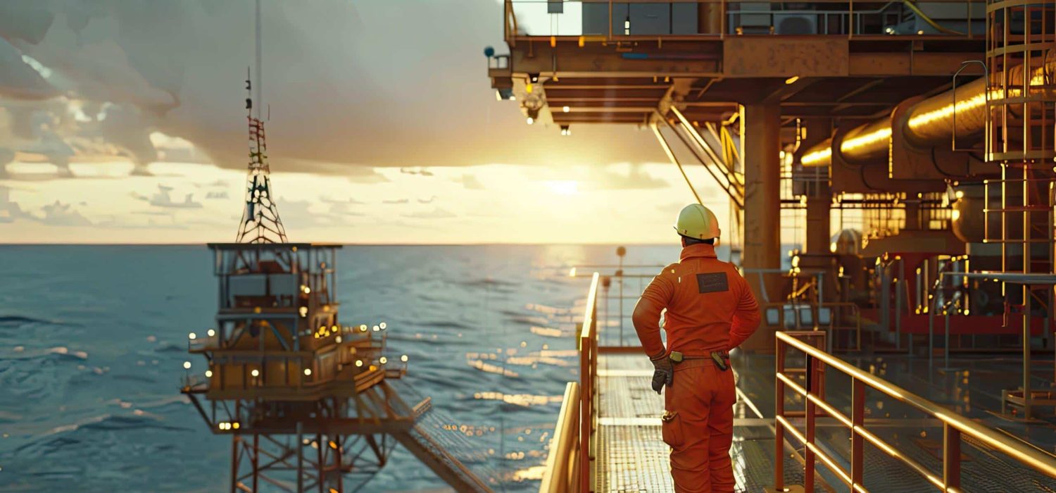 With the ocean stretching to the horizon, a male engineer on the rigs observation deck oversees the safety protocols and operations on the offshore platform, high detail, 8k --ar 3:2 Job ID: 12a153c6-31fd-4c10-94cc-f6127e8fb536
